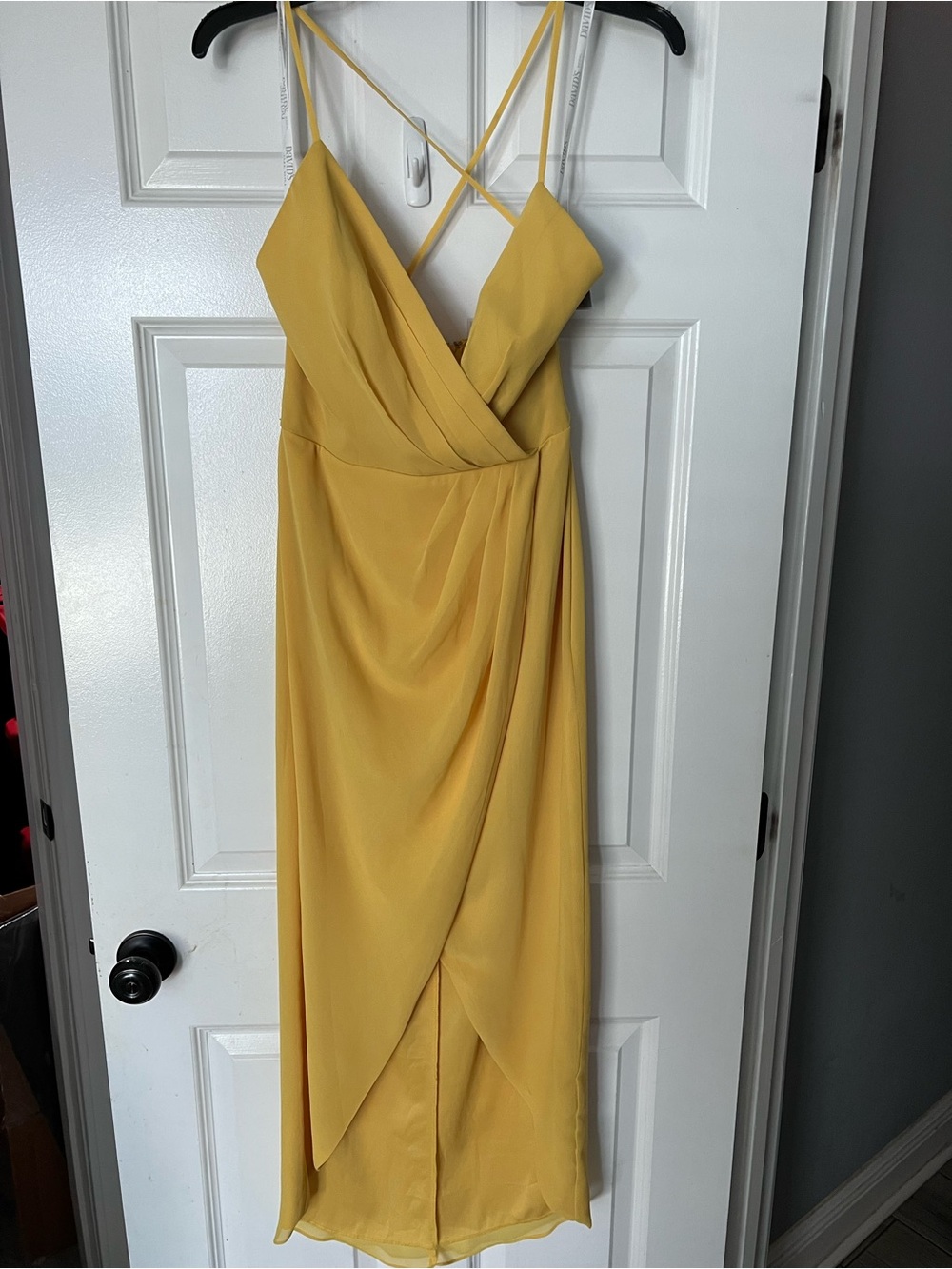 David's Bridal Mustard Yellow Crisscross-Strap Midi Dress